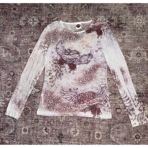 Harley Davidson Womens XL Long Sleeve Burnout Leopard Winged Heart Mesh Top TN
